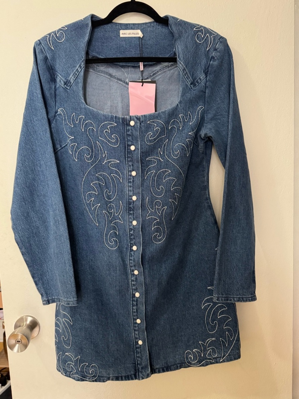 Avec Les Filles Western Embroidered Denim Mini Dress- NWT Size 8